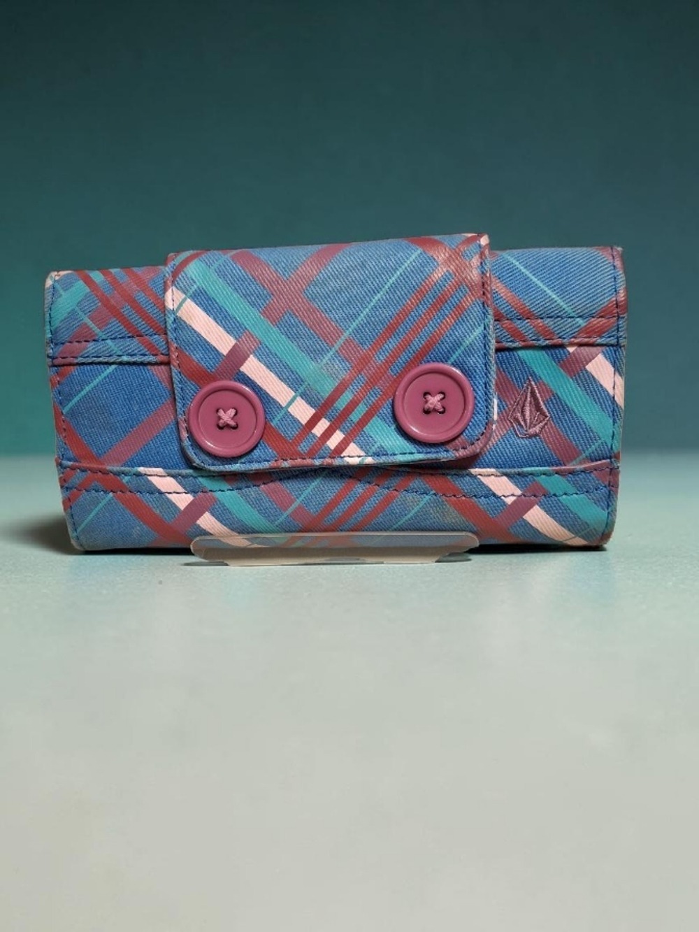 Volcom Blue Plaid Wallet with Pink Button Accents